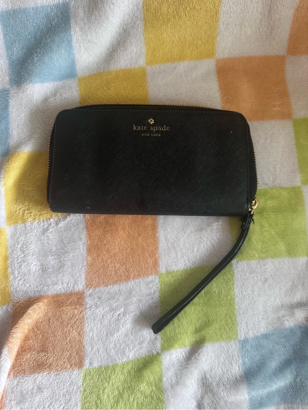 kate spade Black Saffiano Zip Wristlet Wallet with Gold Logo